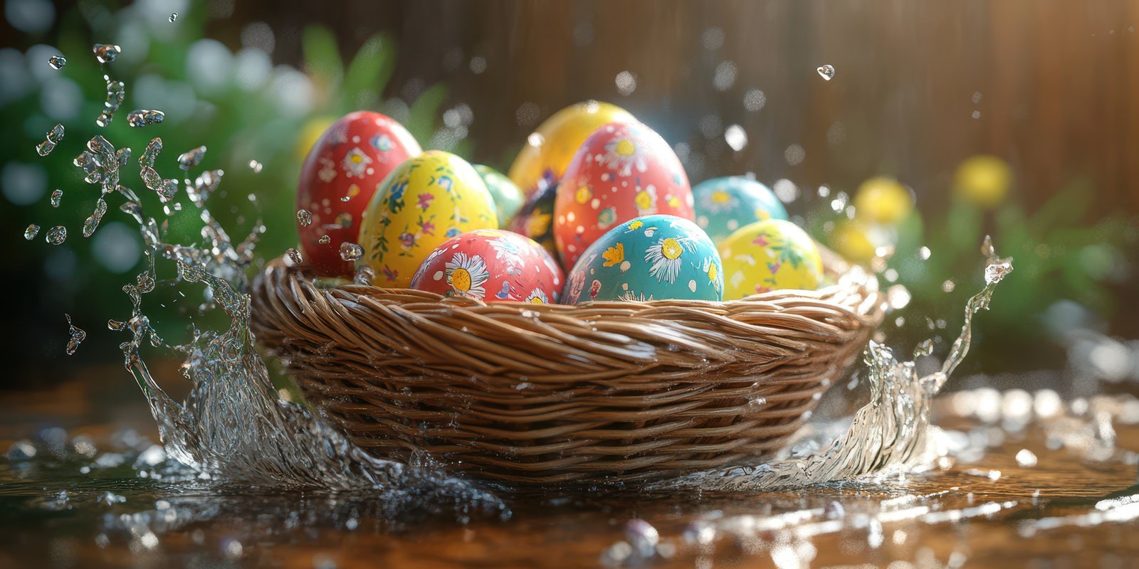 Colorful decorated eggs splash in water while resting in a woven basket surrounded by greenery